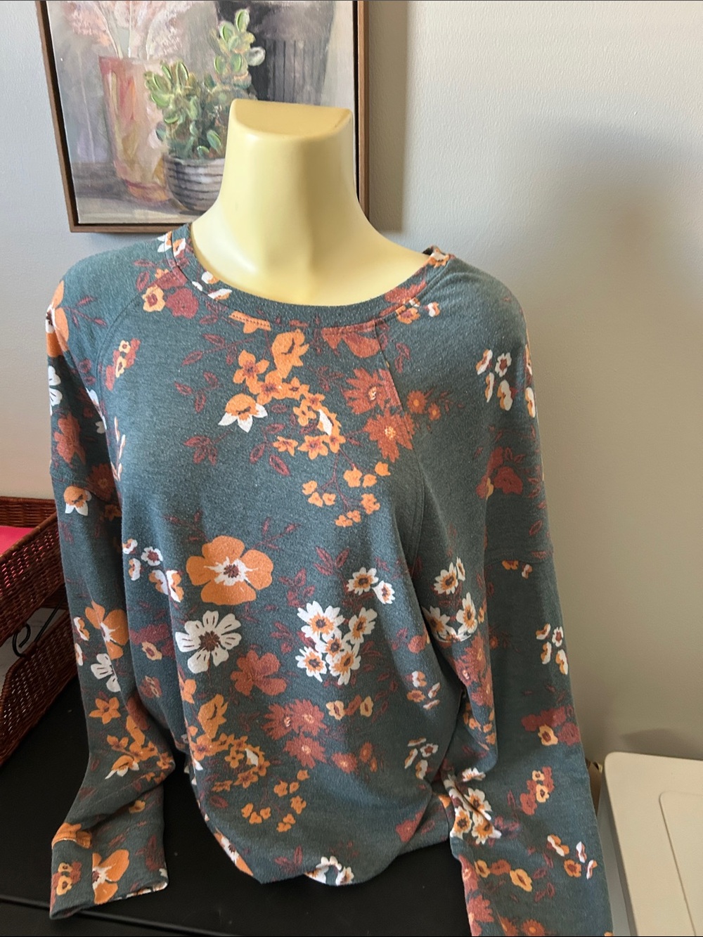 LuLaRoe Floral Crewneck Top in Teal with Orange and White Flowers
